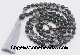 GMN804 Hand-knotted 8mm, 10mm black banded agate 108 beads mala necklace with tassel