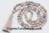 GMN816 Hand-knotted 8mm, 10mm pink zebra jasper 108 beads mala necklace with tassel