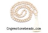 GMN8414 8mm, 10mm white fossil jasper 27, 54, 108 beads mala necklace with tassel