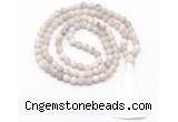 GMN8444 8mm, 10mm matte white crazy agate 27, 54, 108 beads mala necklace with tassel