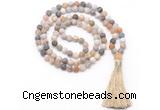 GMN8446 8mm, 10mm matte bamboo leaf agate 27, 54, 108 beads mala necklace with tassel