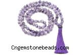 GMN8461 8mm, 10mm dogtooth amethyst 27, 54, 108 beads mala necklace with tassel