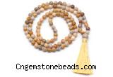 GMN8521 8mm, 10mm fossil coral 27, 54, 108 beads mala necklace with tassel