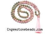 GMN8551 8mm, 10mm unakite & pink wooden jasper 108 beads mala necklace with tassel