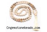 GMN8555 8mm, 10mm white fossil jasper, picture jasper & hematite 108 beads mala necklace with tassel