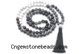 GMN8561 8mm, 10mm snowflake obsidian, matte white howlite & garnet 108 beads mala necklace with tassel