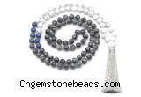 GMN8562 8mm, 10mm black labradorite, lapis lazuli & matte white howlite 108 beads mala necklace with tassel