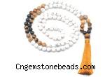 GMN8563 8mm, 10mm matte white howlite & mixed gemstone 108 beads mala necklace with tassel