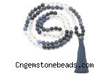 GMN8570 8mm, 10mm matte sodalite, white crystal & black agate 108 beads mala necklace with tassel