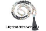 GMN8572 8mm, 10mm matte amazonite & black lava 108 beads mala necklace with tassel