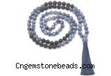 GMN8573 8mm, 10mm blue spot stone & black lava 108 beads mala necklace with tassel