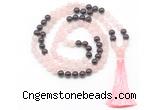 GMN8582 8mm, 10mm rose quartz & garnet 108 beads mala necklace with tassel