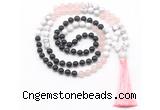 GMN8583 8mm, 10mm black agate, rose quartz & white howlite 108 beads mala necklace with tassel