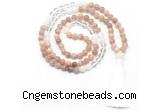 GMN8584 8mm, 10mm sunstone, white crystal & white jade 108 beads mala necklace with tassel