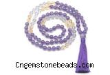 GMN8586 8mm, 10mm amethyst, citrine & white crystal 108 beads mala necklace with tassel