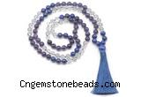 GMN8587 8mm, 10mm amethyst, white crystal & lapis lazuli 108 beads mala necklace with tassel