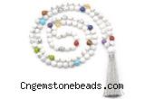 GMN8600 Hand-knotted 7 Chakra 8mm, 10mm white howlite 108 beads mala necklace with tassel