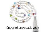 GMN8601 Hand-knotted 7 Chakra 8mm, 10mm white howlite 108 beads mala necklace with tassel