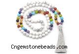 GMN8604 Hand-knotted 7 Chakra 8mm, 10mm white howlite 108 beads mala necklace with tassel