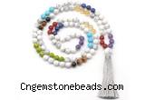 GMN8606 Hand-knotted 7 Chakra 8mm, 10mm white howlite 108 beads mala necklace with tassel