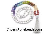 GMN8607 Hand-knotted 7 Chakra 8mm, 10mm white howlite 108 beads mala necklace with tassel