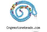 GMN8613 Hand-knotted 7 Chakra 8mm, 10mm imitation turquoise 108 beads mala necklace with tassel