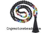 GMN8615 Hand-knotted 7 Chakra 8mm, 10mm black lava 108 beads mala necklace with tassel