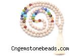 GMN8621 Hand-knotted 7 Chakra 8mm, 10mm white fossil jasper 108 beads mala necklace with tassel
