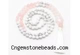 GMN8626 8mm, 10mm matte white howlite & rose quartz 108 beads mala necklace with tassel