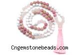 GMN8627 8mm, 10mm matte white howlite, red jasper & rose quartz 108 beads mala necklace with tassel