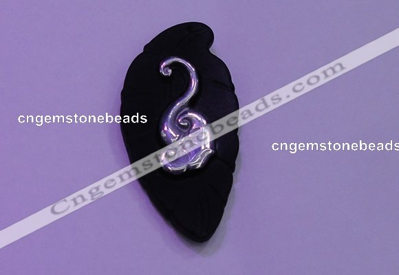 NGP2000 22*45mm carved silver plated matte black obsidian pendants