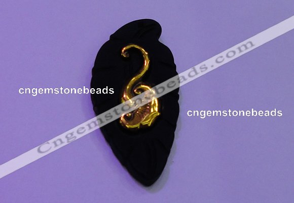 NGP2001 22*45mm carved gold plated matte black obsidian pendants