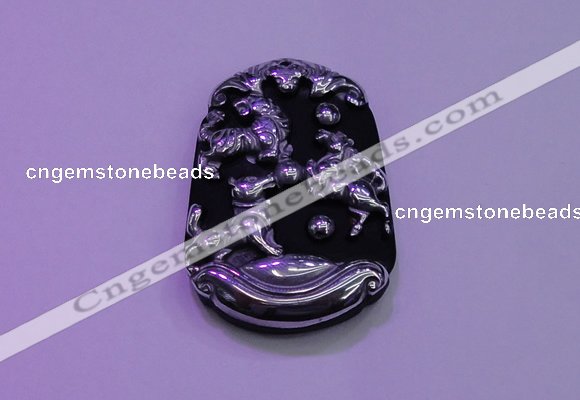 NGP2009 30*40mm carved silver plated matte black obsidian pendants