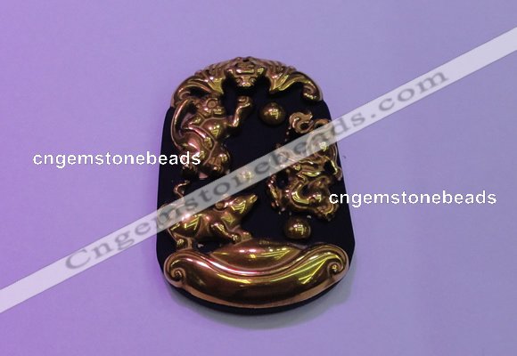 NGP2013 38*55mm carved gold plated matte black obsidian pendants