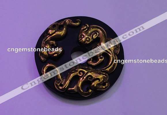 NGP2044 50mm carved gold plated matte black obsidian pendants