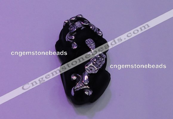 NGP2046 15*20*40mm carved silver plated matte black obsidian pendants