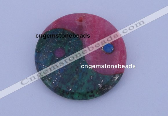 NGP208 6*40mm coin dyed rhodochrosite & chrysocolla gemstone pendant