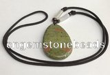 NGP5623 Unakite flat teardrop pendant with nylon cord necklace