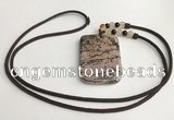 NGP5625 Rhodonite rectangle pendant with nylon cord necklace