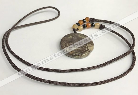 NGP5690 Rainforest agate flat round pendant with nylon cord necklace