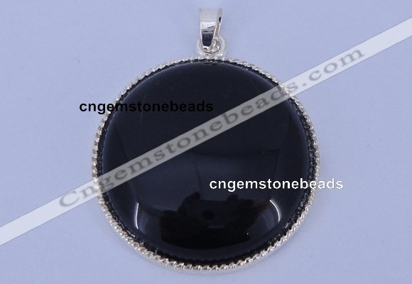 NGP651 5pcs 6*33mm flat round black obsidian with brass gemstone pendants