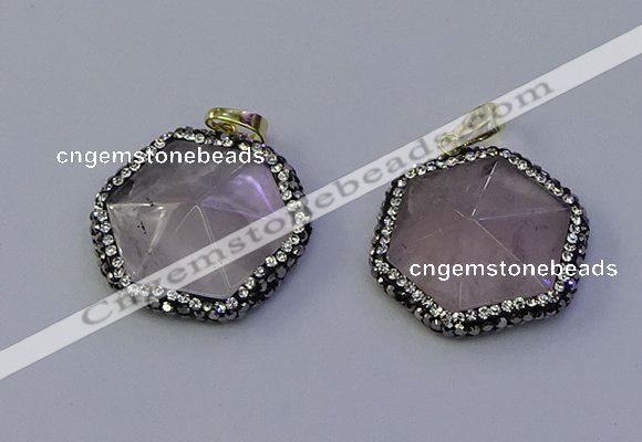 NGP7111 30*30mm hexagon rose quartz pendants wholesale