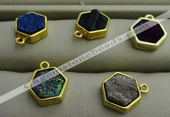 NGP7572 12*12mm hexagon plated druzy agate pendants wholesale