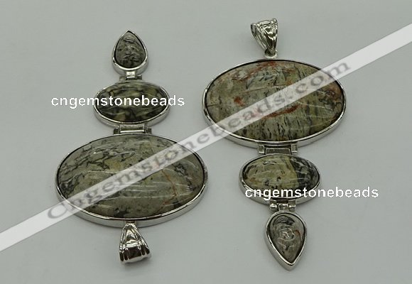 NGP8018 50*82mm - 52*86mm grey picture jasper pendant set jewelry